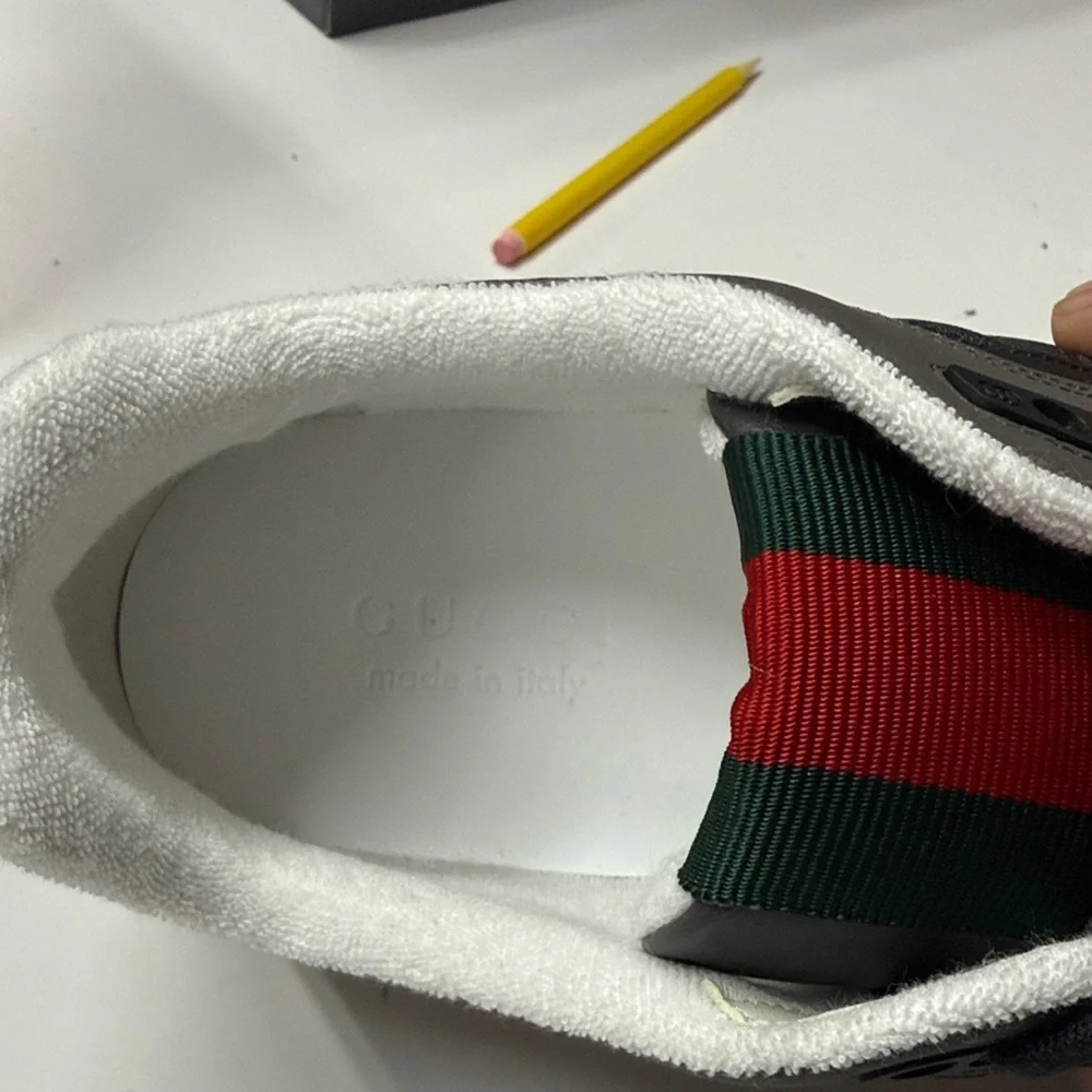 Gucci mens Gray and Black Sneakers with Red and Green Accents